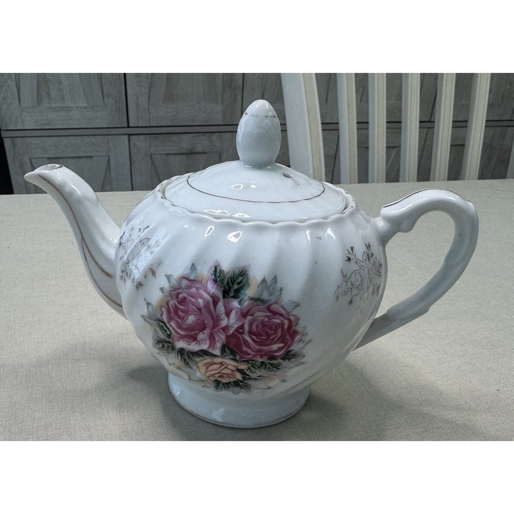 Vintage Floral Teapot White Ceramic Pink Roses Gold Trim Cottagecore Shabby